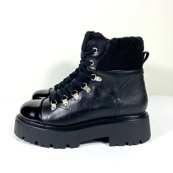 Steve Madden Reyen Lace Up Combat Platform Hiker Boots Shearling 9.5 Black NEW - Picture 1 of 17